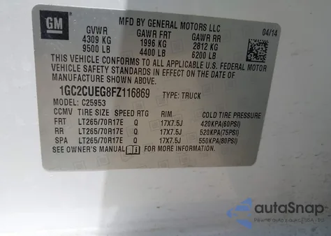 2015 Chevrolet Silverado 2500Hd Wt z USA, uszkodzony, nr VIN 1GC2CUEG8FZ116869